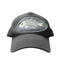 a black hat with a fish skeleton on it