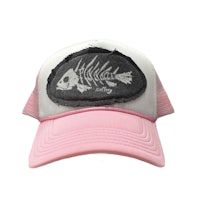 a pink and white hat with a fish skeleton on it