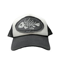 a black and white hat with a fish skeleton on it